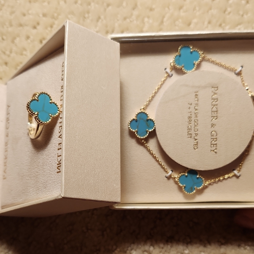 Paeker & Grey Gold and Blue Clover Bracelet and Ring Set